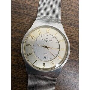 Skagen Denmark Watch Mens Silver Toned Thin Mesh Date Stainless Steel 23XLSGS